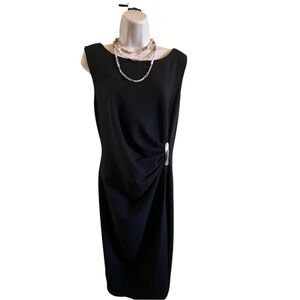 DKNY Black Sleeveless Draped Sheath Dress with Gold Hardware Size 14 NWT